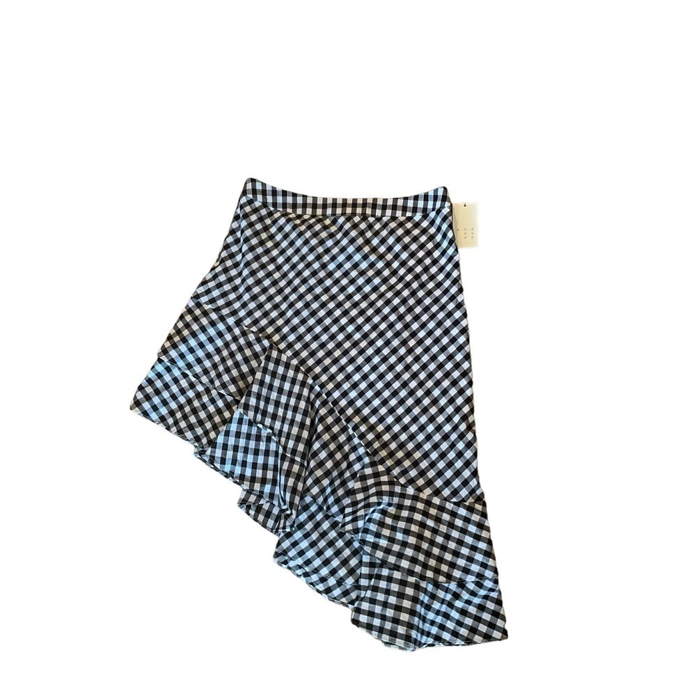 A New Day Midi Skirt Women's Size 12 Black/White Gingham Asymmetric Ruffle Hem